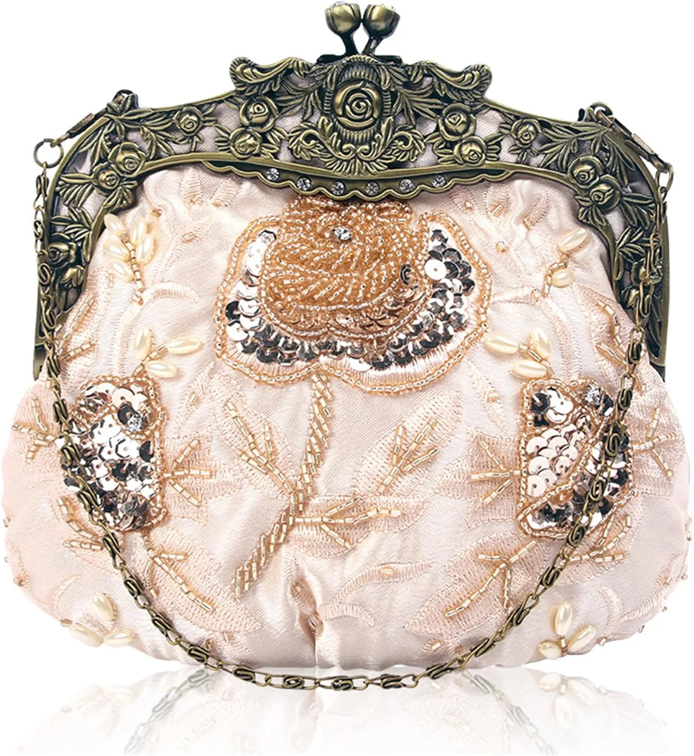 Women's Evening Vintage Beaded Sequin Flower Floral Embroidery Handbags Crossbody Bag for Bridal Wedding Party Prom