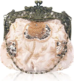 Women's Evening Vintage Beaded Sequin Flower Floral Embroidery Handbags Crossbody Bag for Bridal Wedding Party Prom