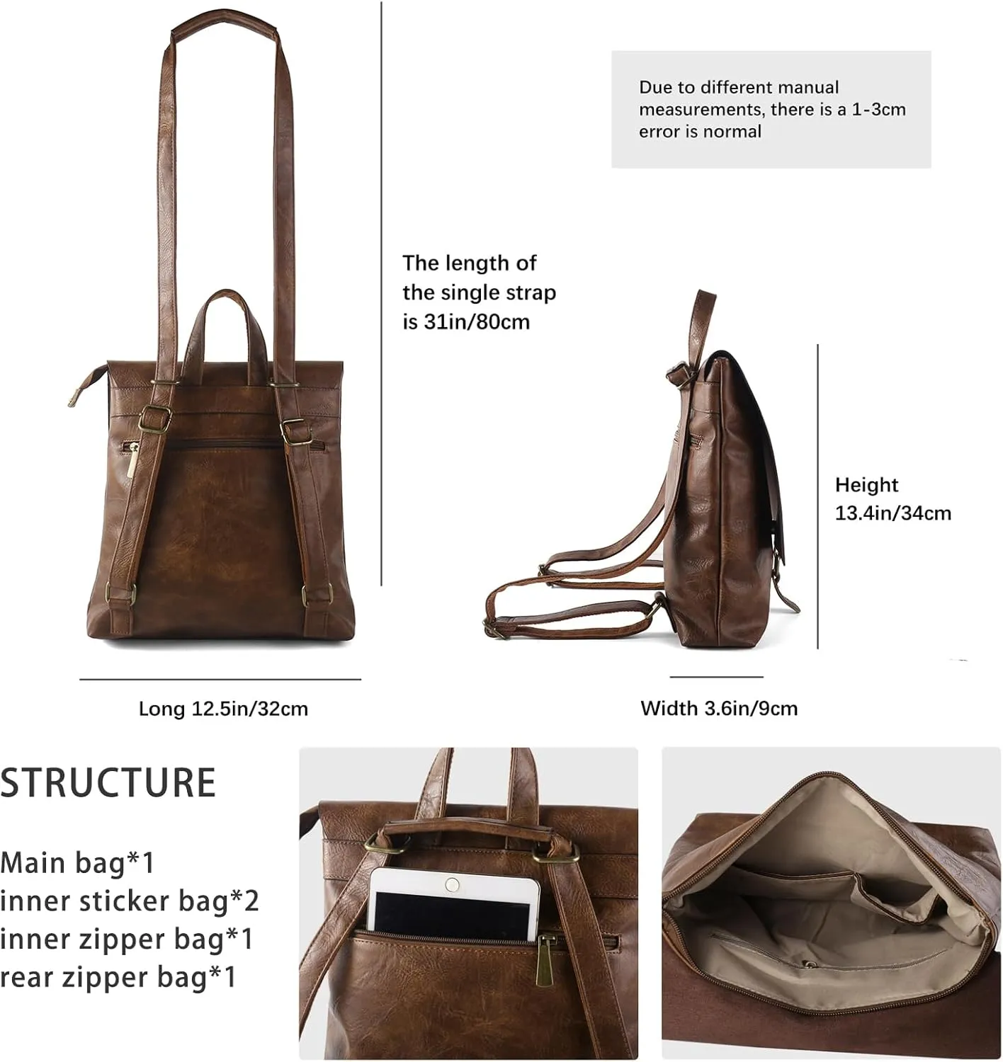 Women's Fashion Backpack Purse Multipurpose Design Convertible Satchel Handbags Shoulder Bag Travel bag (Brown)