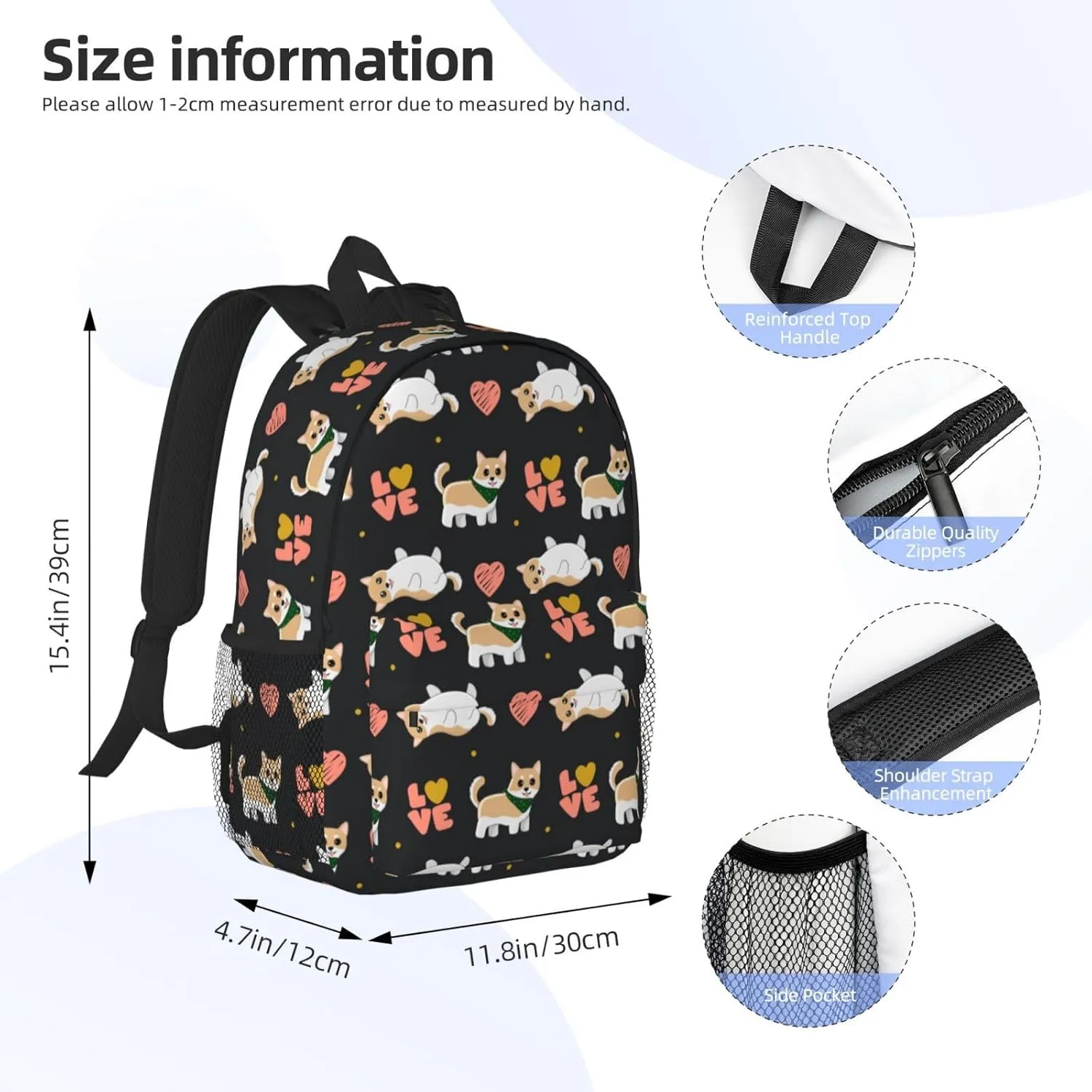 Women's fashionable travel backpacks, computer bags (Black bottom color Corgi)