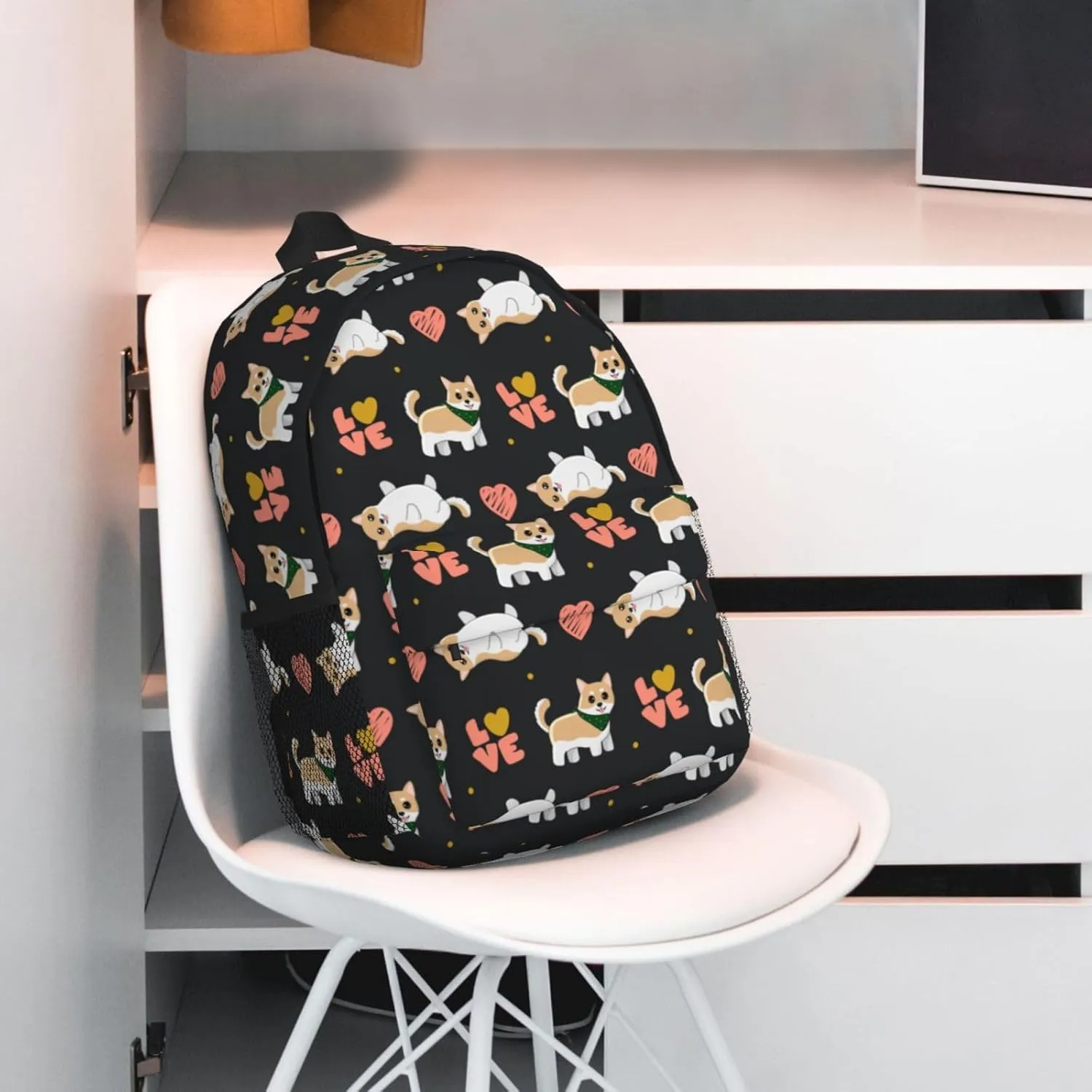 Women's fashionable travel backpacks, computer bags (Black bottom color Corgi)