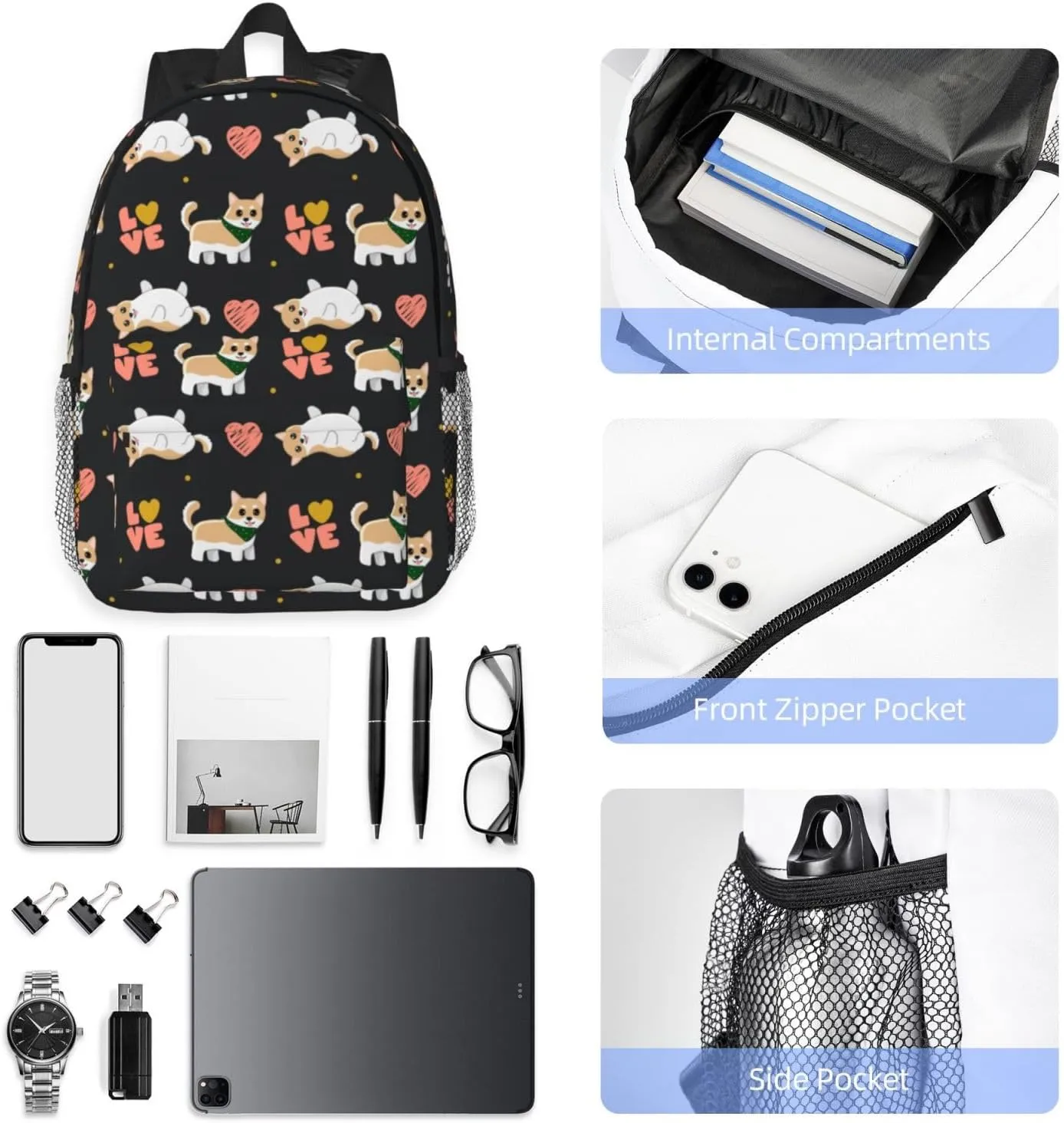 Women's fashionable travel backpacks, computer bags (Black bottom color Corgi)
