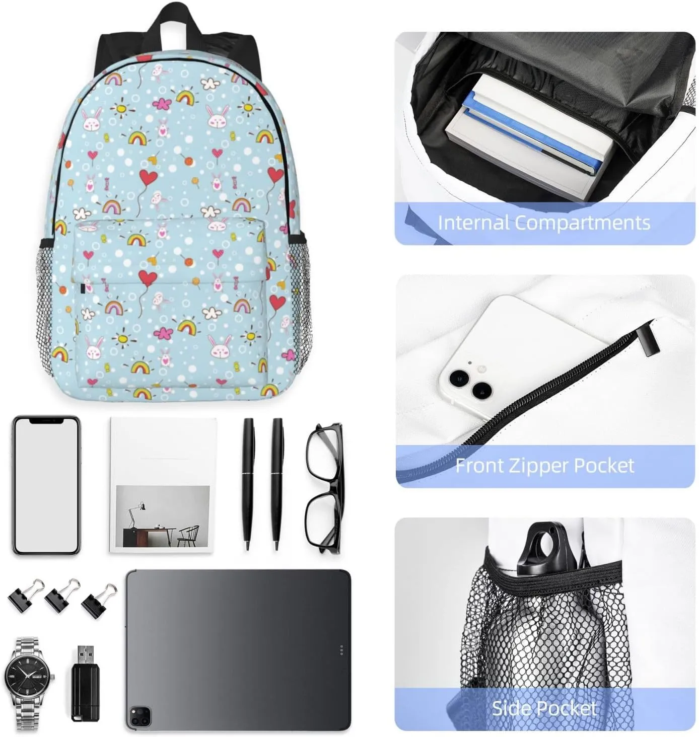 Women's fashionable travel backpacks, computer bags (Blue bottom color Rabbit)