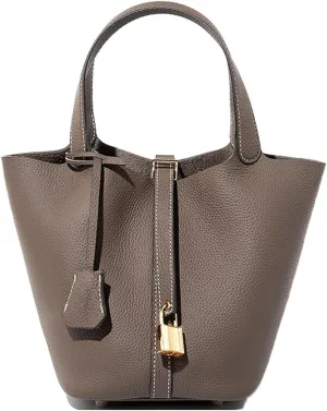 Women's Genuine Leather Handbags Casual Satchel Soft Bucket Bags Stylish Lock Design Daily Small Shoulder Bags