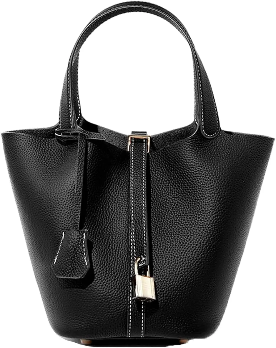 Women's Genuine Leather Handbags Casual Satchel Soft Bucket Bags Stylish Lock Design Daily Small Shoulder Bags