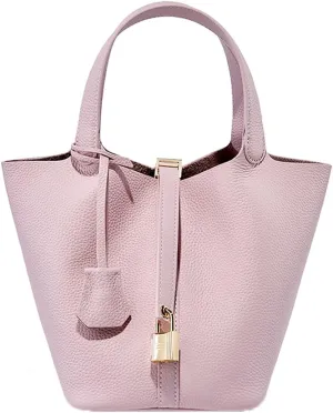 Women's Genuine Leather Handbags Casual Satchel Soft Bucket Bags Stylish Lock Design Daily Small Shoulder Bags