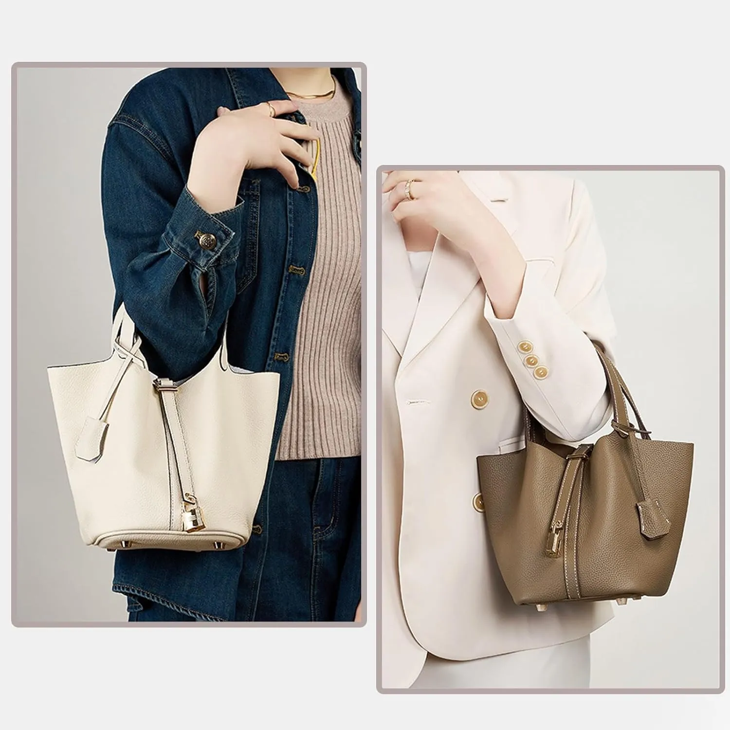 Women's Genuine Leather Handbags Casual Satchel Soft Bucket Bags Stylish Lock Design Daily Small Shoulder Bags