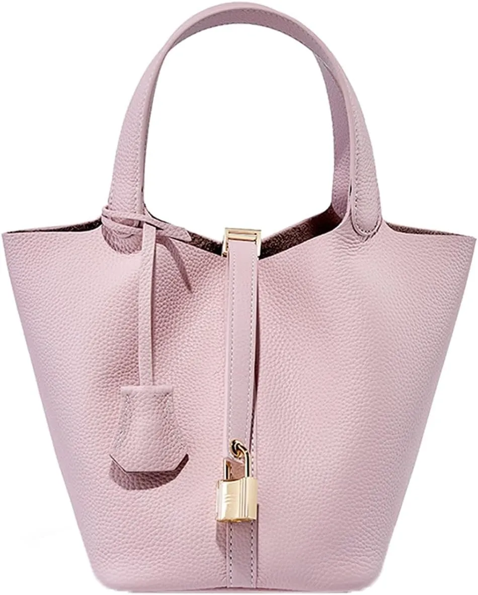 Women's Genuine Leather Handbags Casual Satchel Soft Bucket Bags Stylish Lock Design Daily Small Shoulder Bags