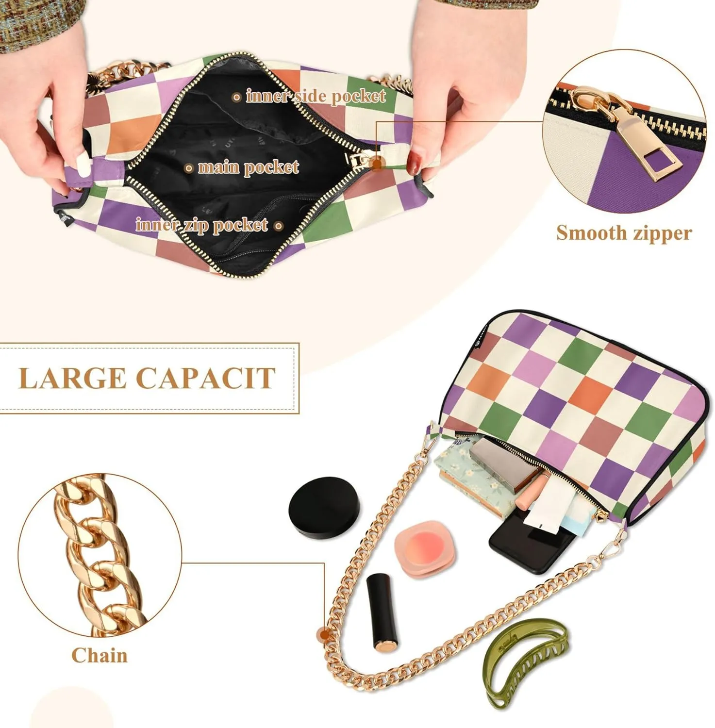 Women's Handbags Tote Crossbody Bag Stylish Purse Ladies Shoulder Bag Handbag Monochrome Checkerboard Crescent Bag