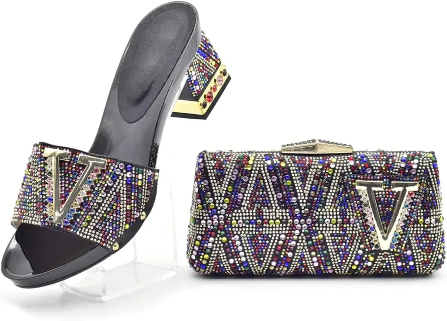 Women's Italian Art Deco Party Set - Geometric Gold Foil Pumps & Mirrored Clutch for Glamorous Evening Galas