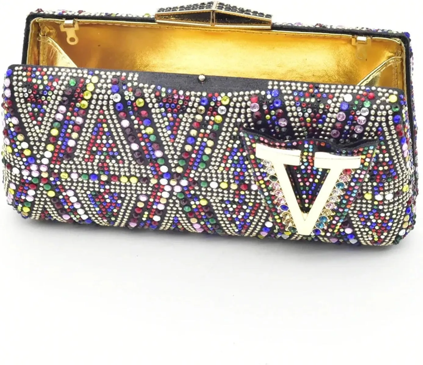 Women's Italian Art Deco Party Set - Geometric Gold Foil Pumps & Mirrored Clutch for Glamorous Evening Galas