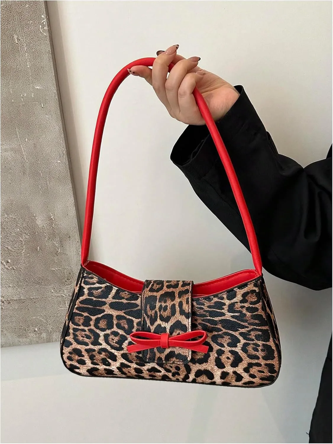 Women's Leopard Print Y2K Handbags Bowknot Underarm Shoulder Bag PU Leather Bag Purse Clutch