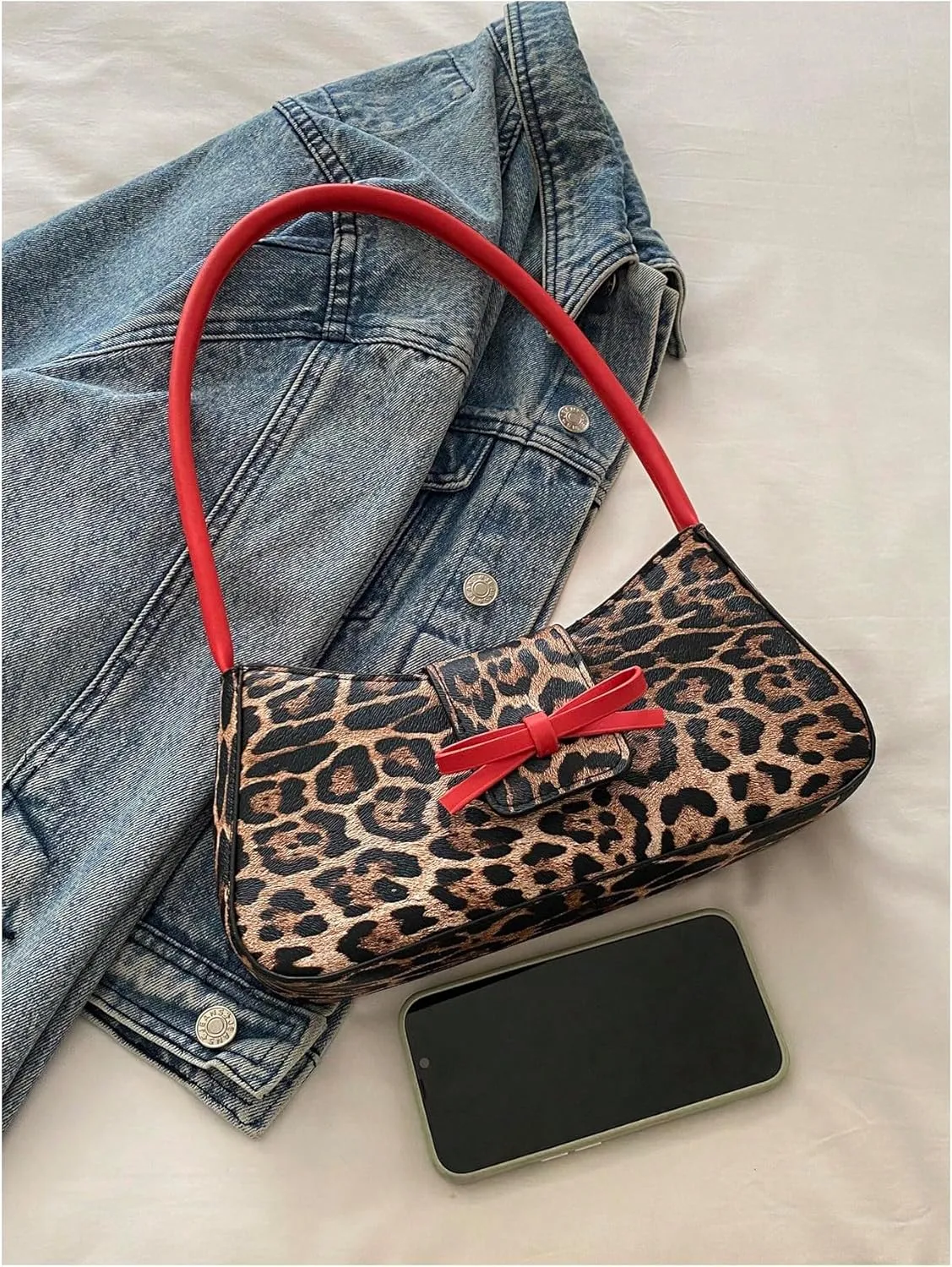Women's Leopard Print Y2K Handbags Bowknot Underarm Shoulder Bag PU Leather Bag Purse Clutch