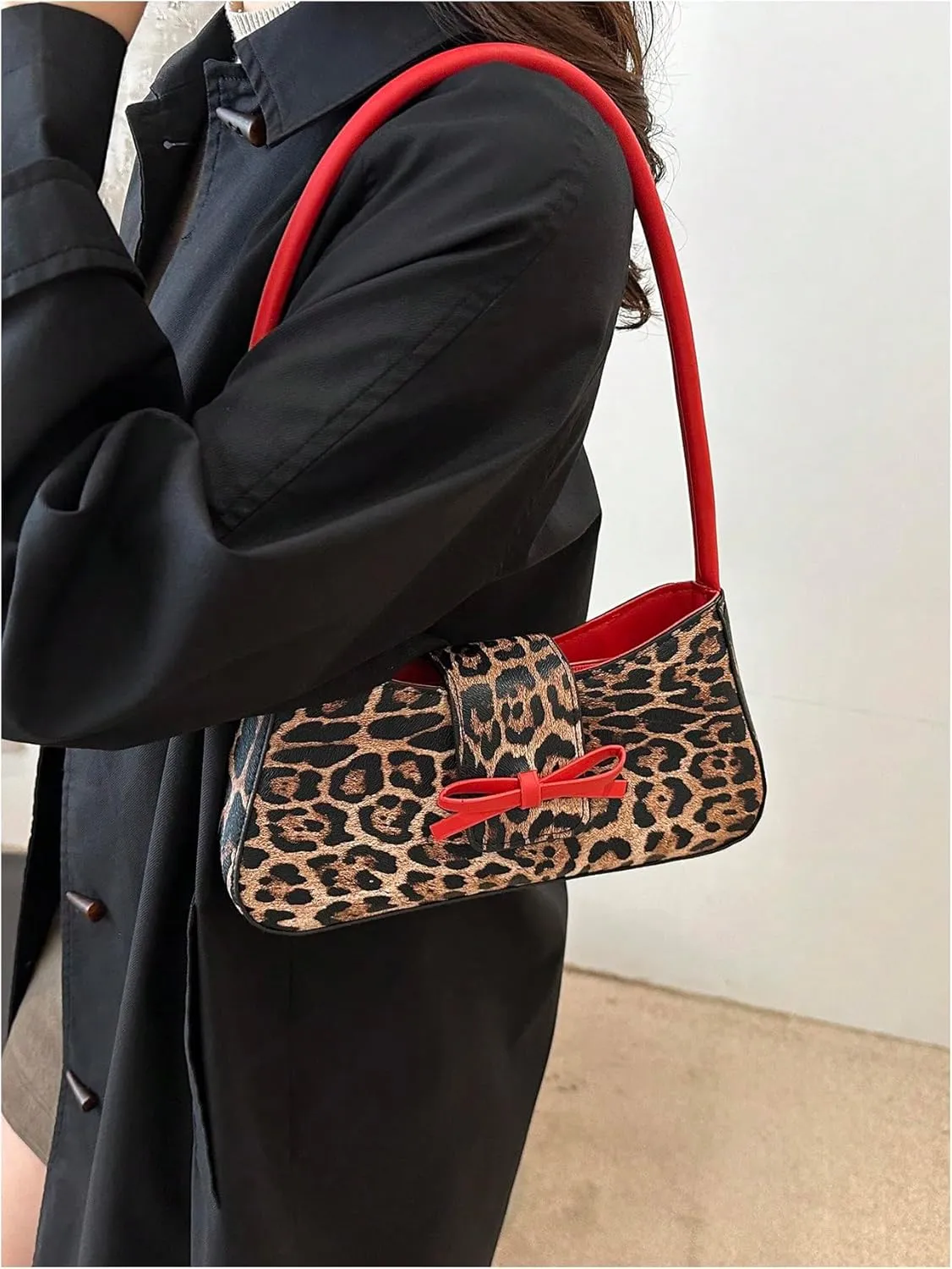 Women's Leopard Print Y2K Handbags Bowknot Underarm Shoulder Bag PU Leather Bag Purse Clutch