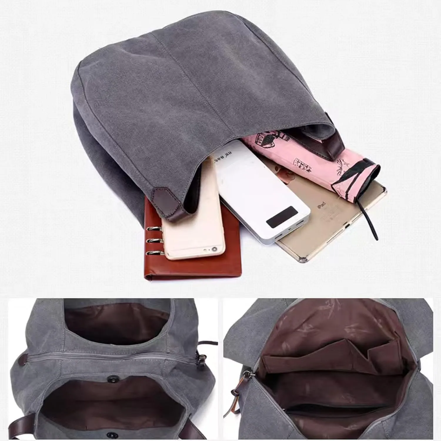 Women's Multi-pocket Canvas Shoulder Bag Fashion Cotton Canvas Totes Purses Casual Top Handle Handbags Hobo Bags