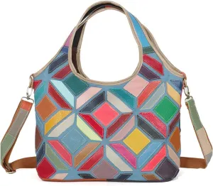 Womens Multicoloured Handbag Genuine Leather Purses Colorful Stripes Stitching Shoulder Vintage Tote Satchels