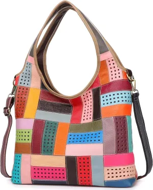 Womens Multicoloured Handbag Genuine Leather Purses Colorful Stripes Stitching Shoulder Vintage Tote Satchels