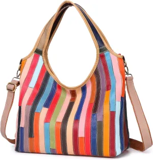 Womens Multicoloured Handbag Genuine Leather Purses Colorful Stripes Stitching Shoulder Vintage Tote Satchels