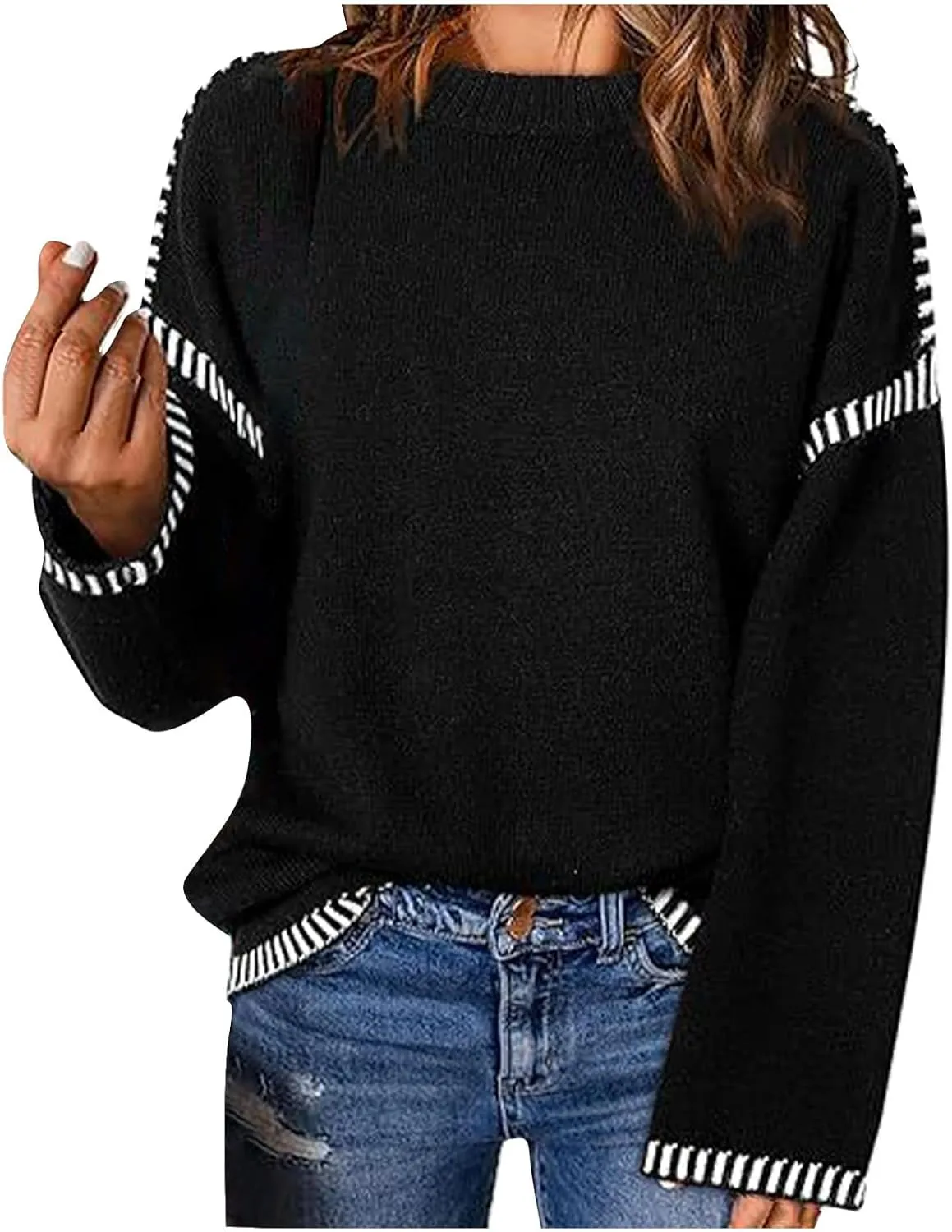 Womens Oversized Crewneck Sweatshirts Trendy 2024 Fall Long Sleeve Loose Knitted Pullover Sweater Tops Winter Outfits