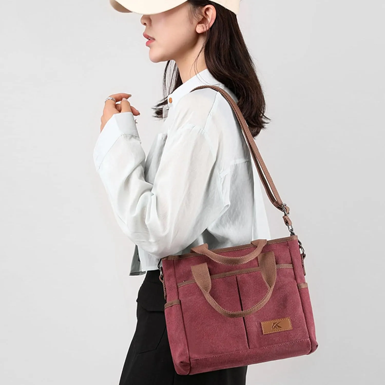 Women's Small Canvas Tote Purses Casual Multi-pocket Shoulder Crossbody Bag Everyday Handbags