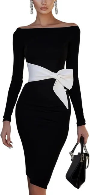 Women's Summer Elegant Off Shoulder Long Sleeve Mini Dress Slim Fit Formal Cocktail Party Evening Dress