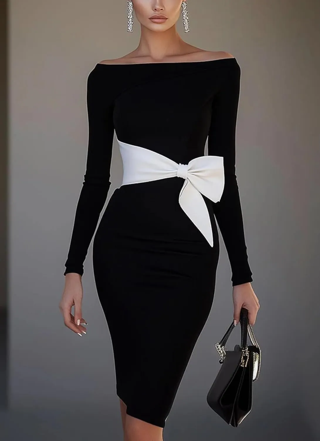 Women's Summer Elegant Off Shoulder Long Sleeve Mini Dress Slim Fit Formal Cocktail Party Evening Dress