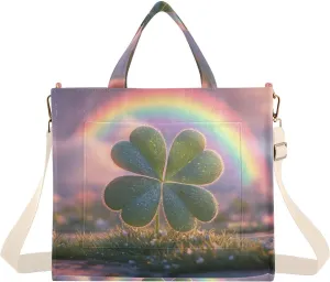 Women's Tote Bag Luck Leaf Rainbow Print, Corduroy Handbags Purses with Detachable Strap Small