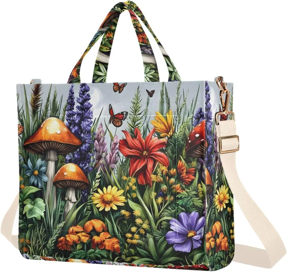 Women's Tote Bag Mushroom Bush Print, Corduroy Handbags Purses with Detachable Strap Small