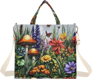 Women's Tote Bag Mushroom Bush Print, Corduroy Handbags Purses with Detachable Strap Small