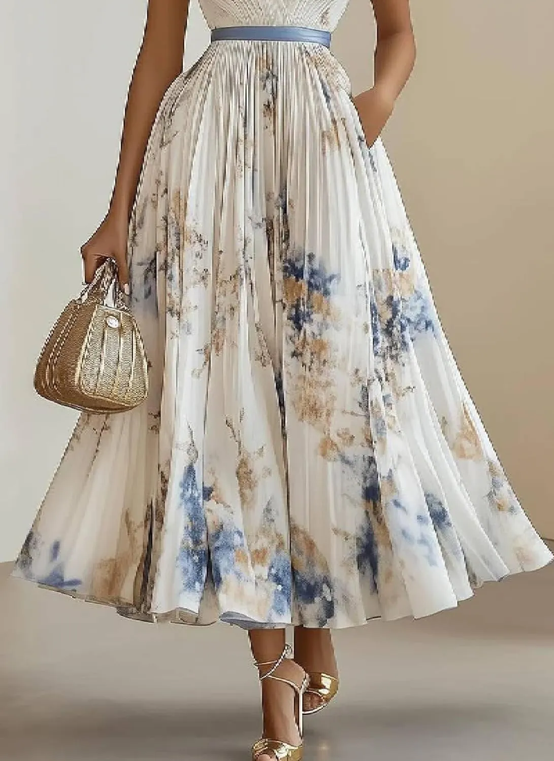 Womens V Neck Pleated Maxi Dresses for Wedding Guest High Waist Sleeveless Floral Casual A Line Flowy White Long Dress