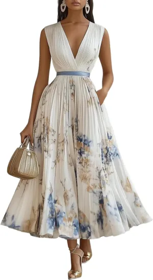 Womens V Neck Pleated Maxi Dresses for Wedding Guest High Waist Sleeveless Floral Casual A Line Flowy White Long Dress