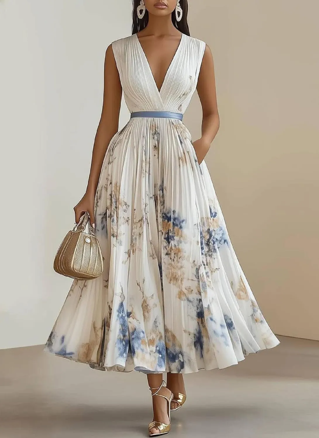 Womens V Neck Pleated Maxi Dresses for Wedding Guest High Waist Sleeveless Floral Casual A Line Flowy White Long Dress
