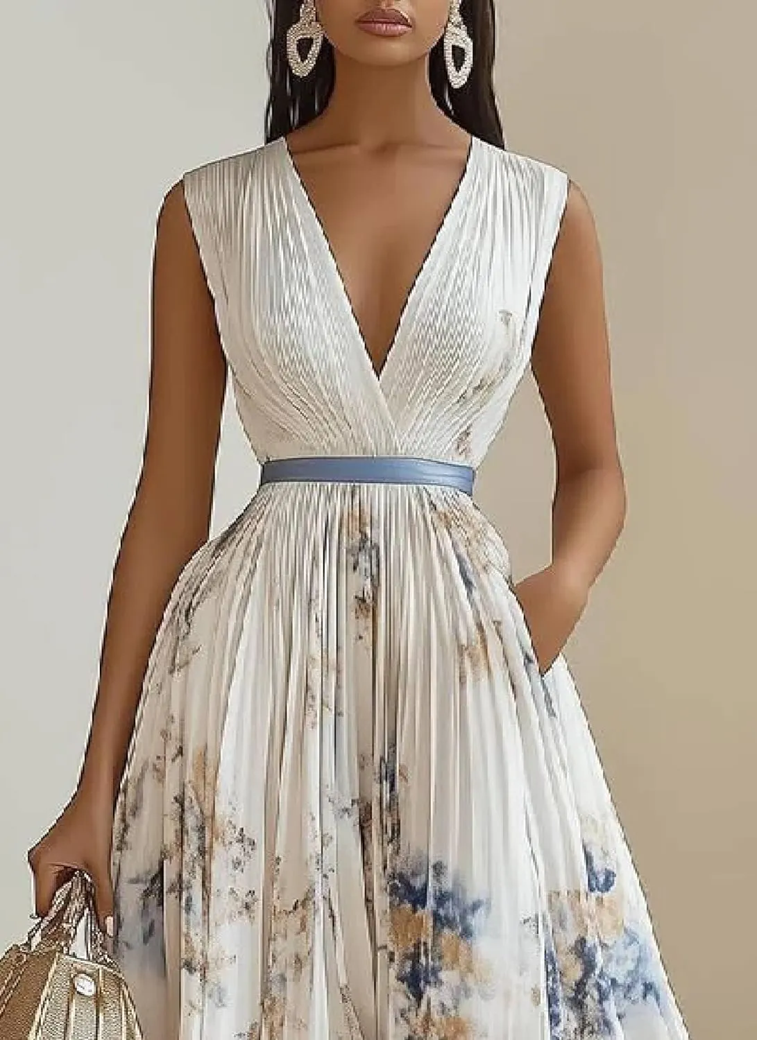 Womens V Neck Pleated Maxi Dresses for Wedding Guest High Waist Sleeveless Floral Casual A Line Flowy White Long Dress