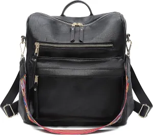 Women's Vintage Washed Leather Backpack Purse, Black, 33x15x36cm