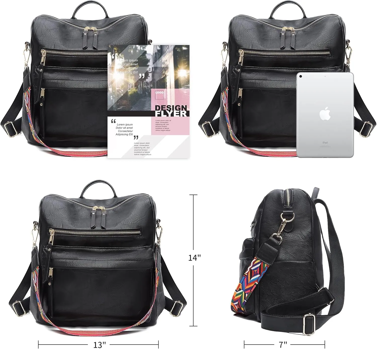 Women's Vintage Washed Leather Backpack Purse, Black, 33x15x36cm