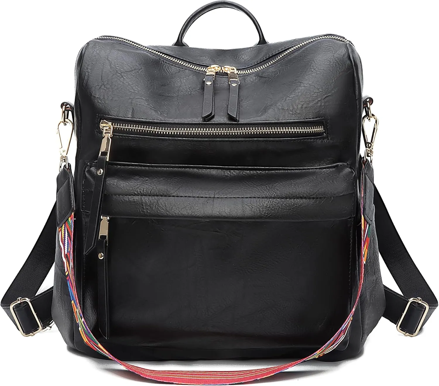 Women's Vintage Washed Leather Backpack Purse, Black, 33x15x36cm