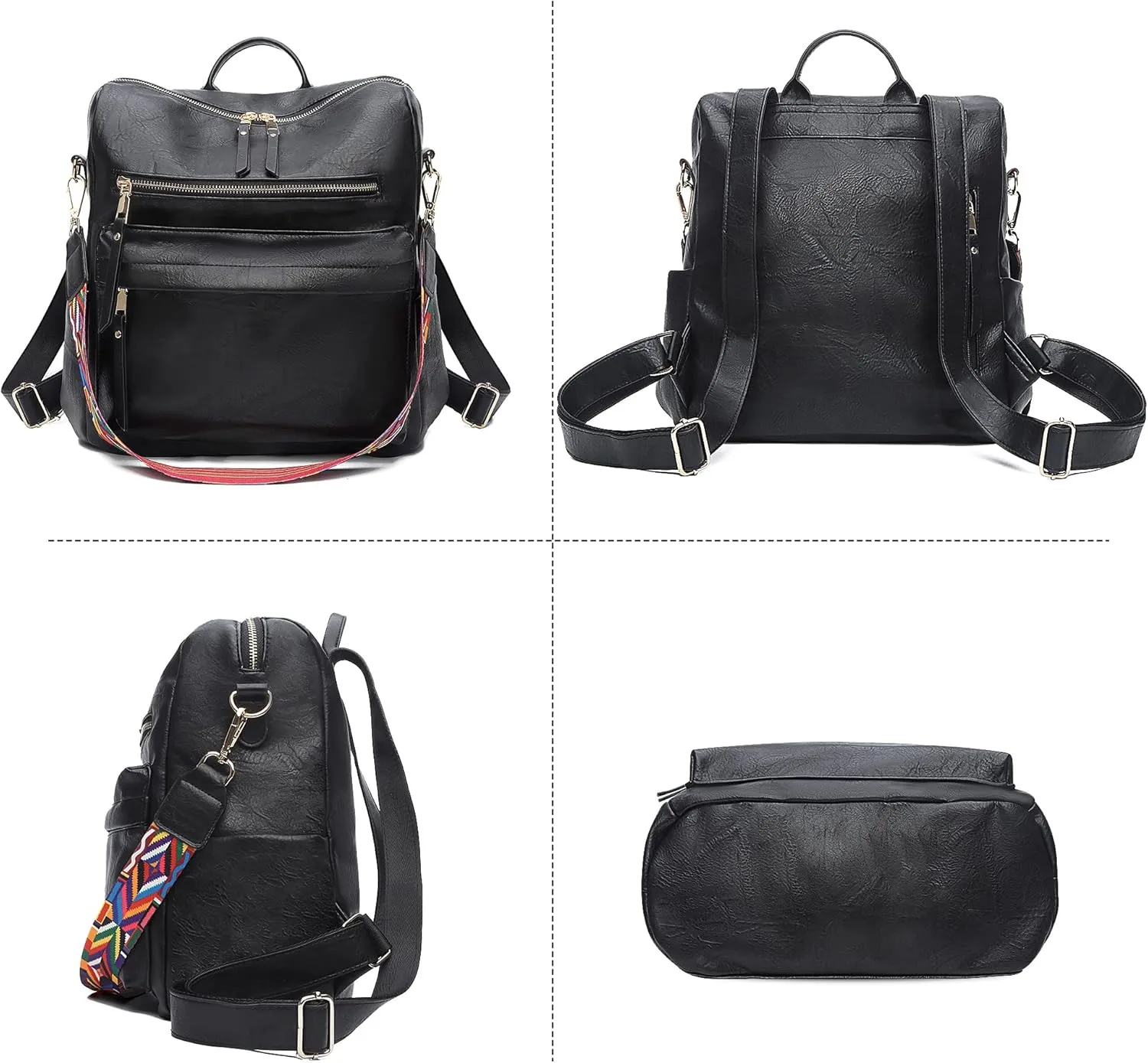 Women's Vintage Washed Leather Backpack Purse, Black, 33x15x36cm