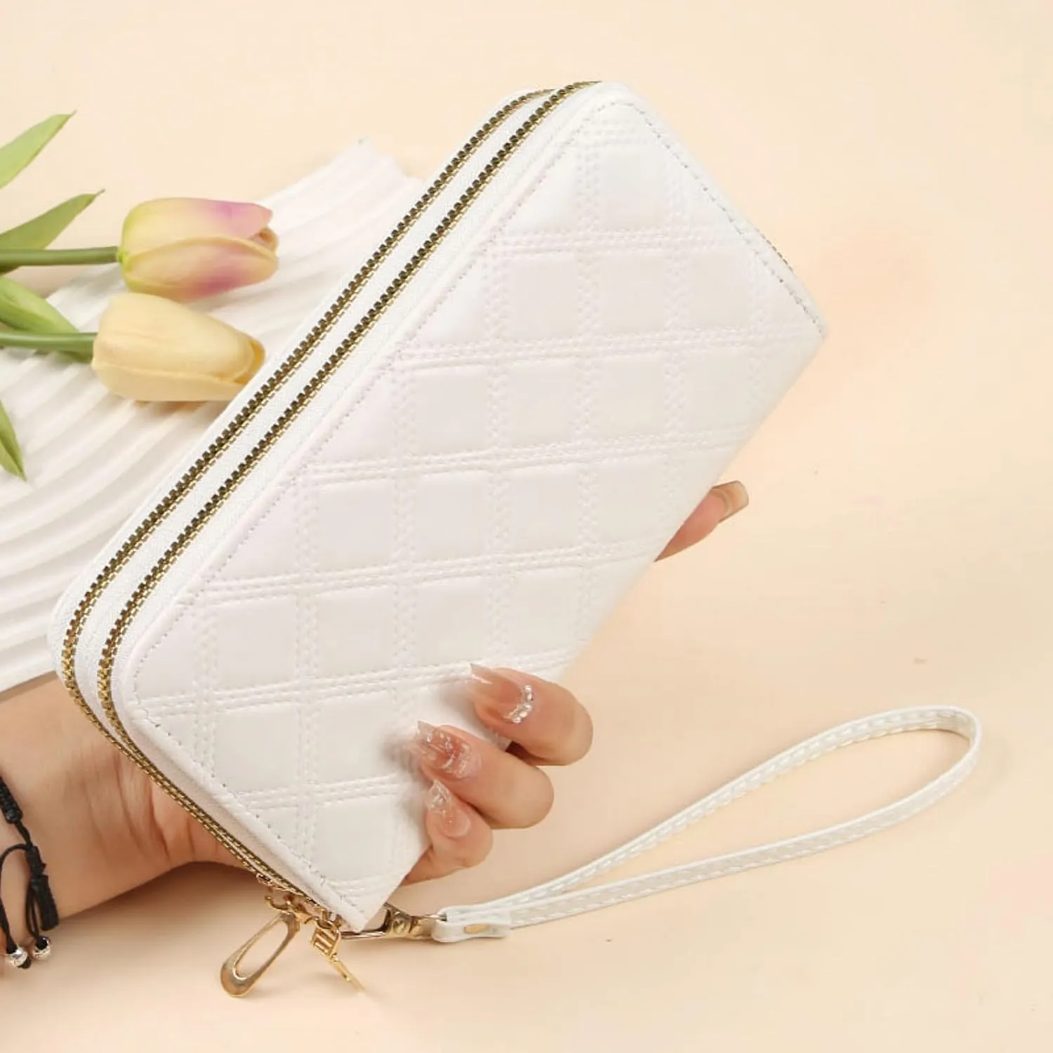 Womens Wallet Wristlet RFID Blocking Large Capacity Zip Around Clutch Purse Quilted Leather Double Zipper Card Holder