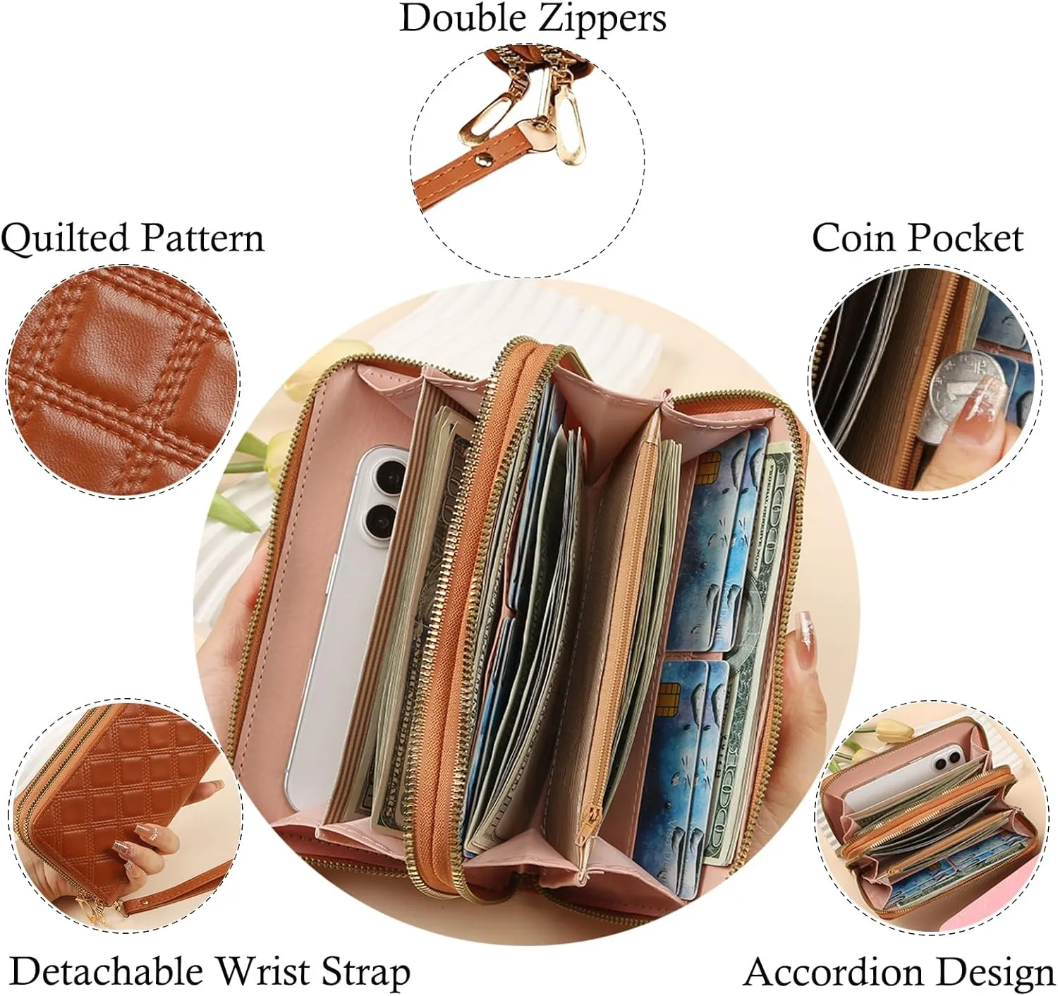 Womens Wallet Wristlet RFID Blocking Large Capacity Zip Around Clutch Purse Quilted Leather Double Zipper Card Holder