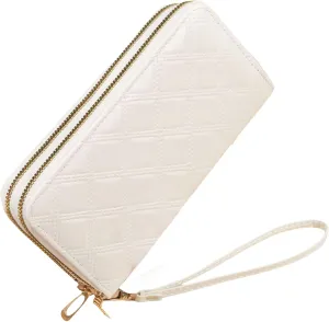Womens Wallet Wristlet RFID Blocking Large Capacity Zip Around Clutch Purse Quilted Leather Double Zipper Card Holder