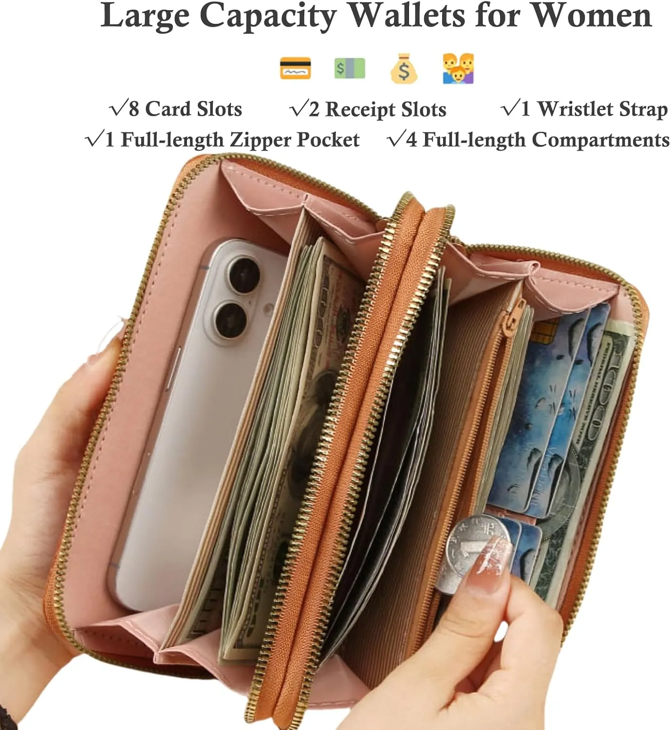 Womens Wallet Wristlet RFID Blocking Large Capacity Zip Around Clutch Purse Quilted Leather Double Zipper Card Holder