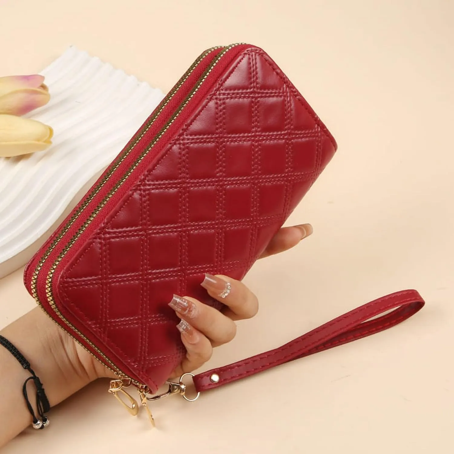 Womens Wallet Wristlet RFID Blocking Large Capacity Zip Around Clutch Purse Quilted Leather Double Zipper Card Holder