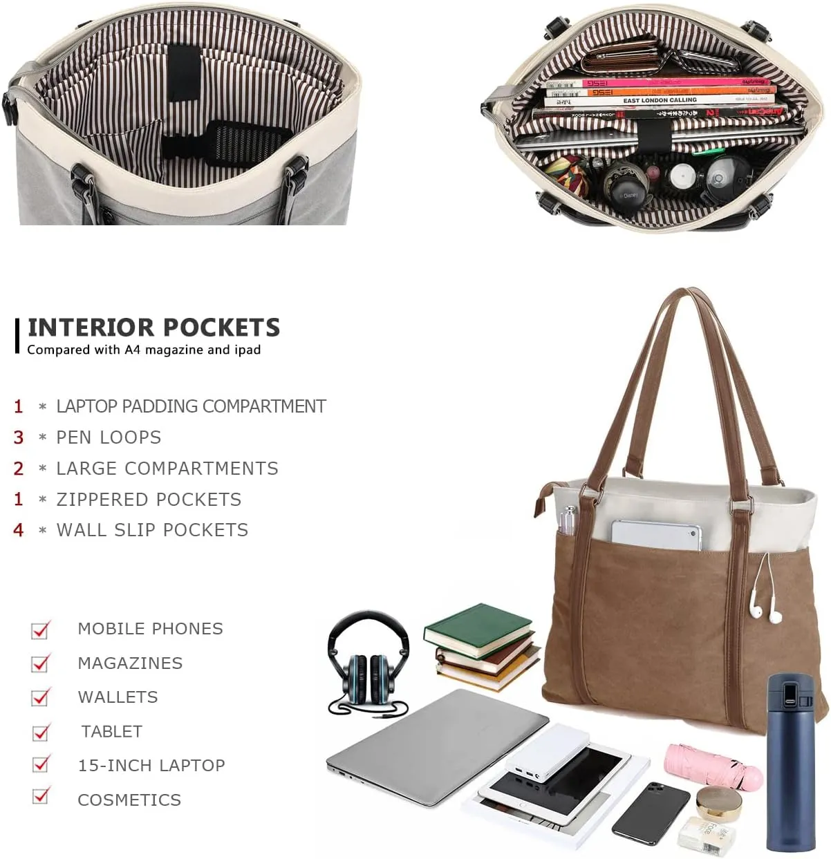 Women's Work Bag with Laptop Compartment Zipper Pockets Teacher Totes Purse