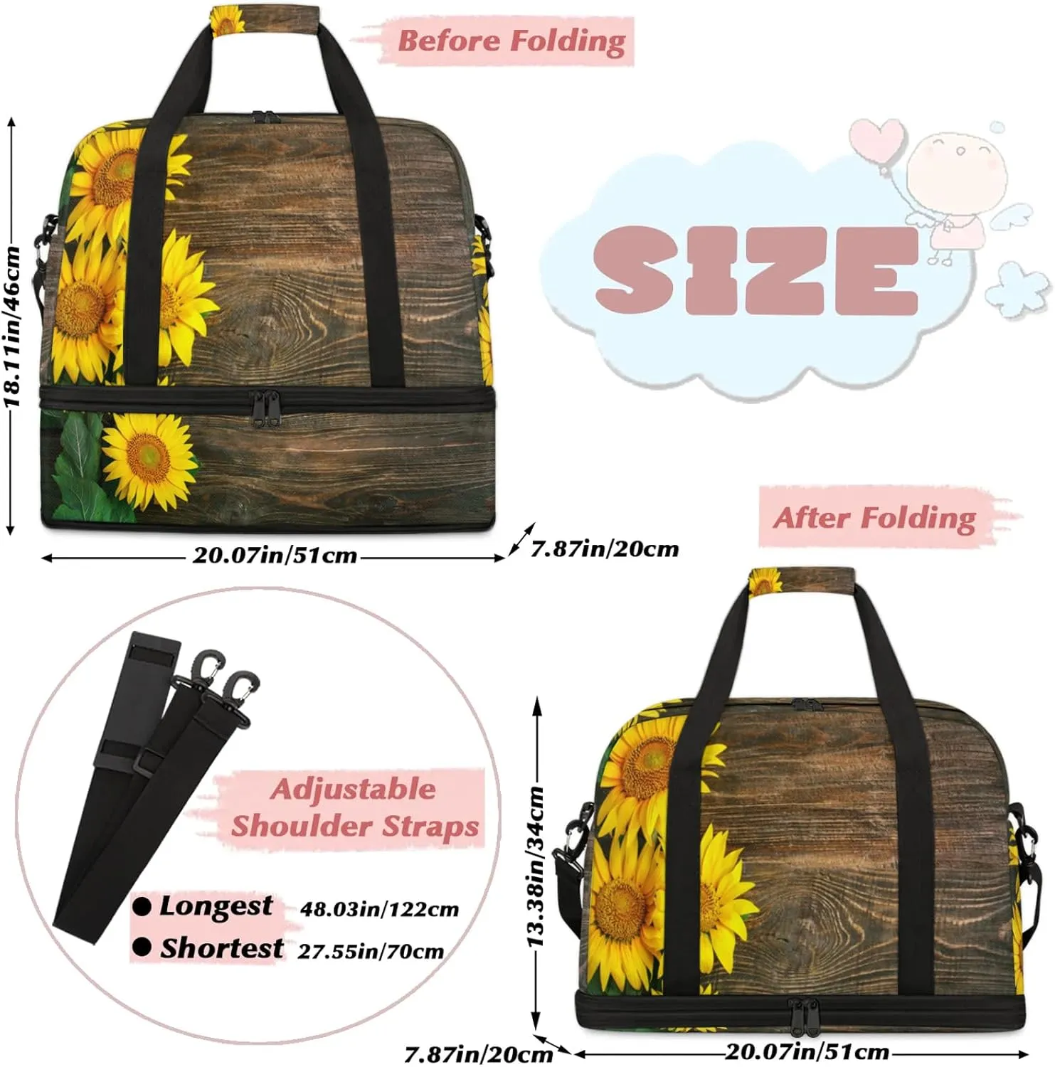 Wood Flower Sunflower Travel Duffel Bags for Women & Men Large Sports Gym Bags Foldie Weekender Overnight Bag Carry On Tote Bag With Shoe Compartment Personal Item Bag for Travel Sports Gym