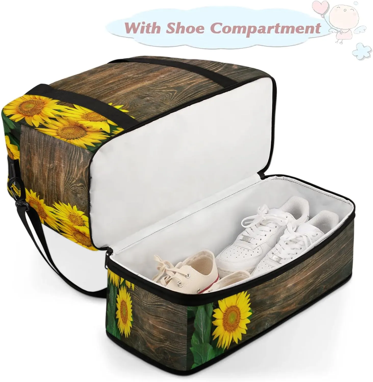 Wood Flower Sunflower Travel Duffel Bags for Women & Men Large Sports Gym Bags Foldie Weekender Overnight Bag Carry On Tote Bag With Shoe Compartment Personal Item Bag for Travel Sports Gym