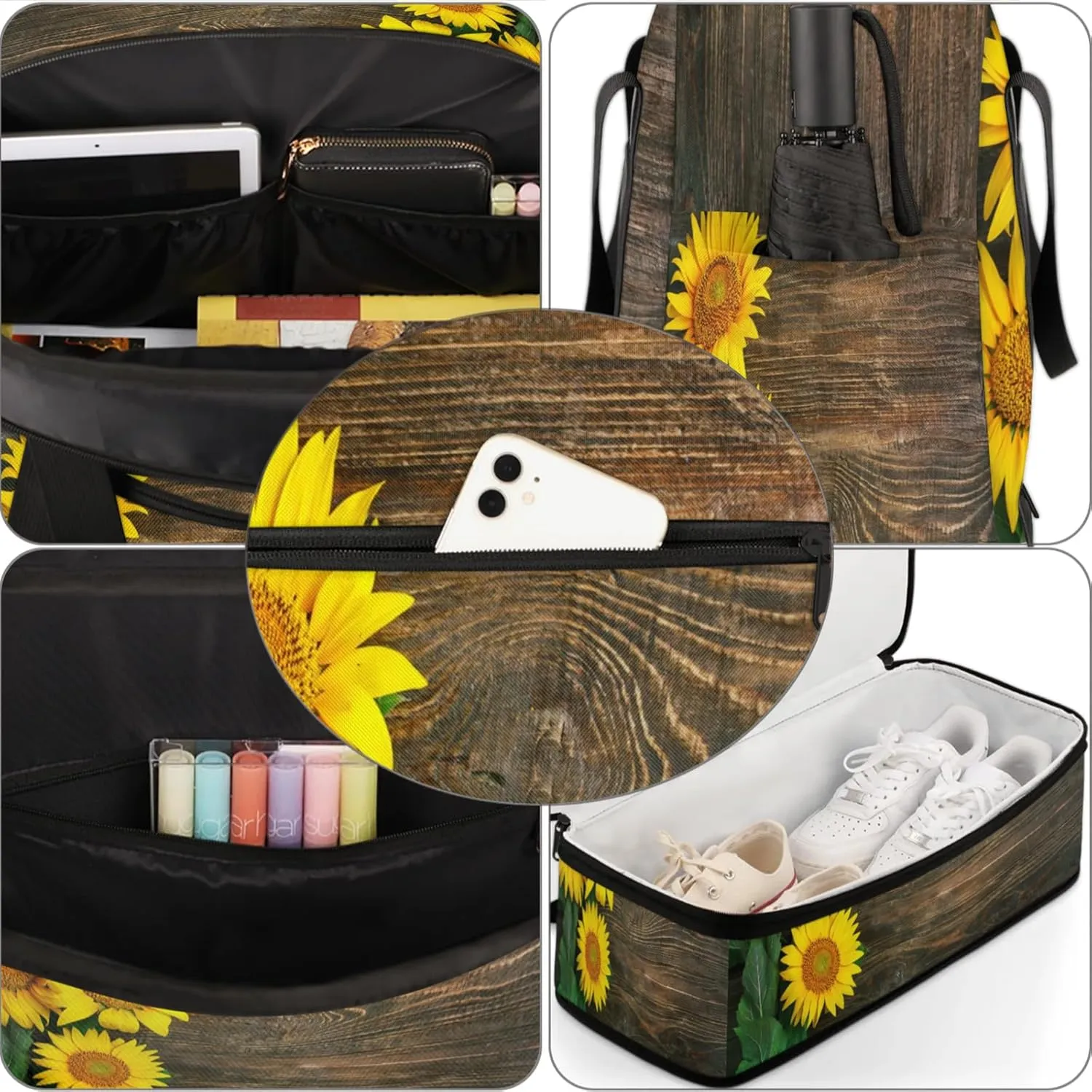 Wood Flower Sunflower Travel Duffel Bags for Women & Men Large Sports Gym Bags Foldie Weekender Overnight Bag Carry On Tote Bag With Shoe Compartment Personal Item Bag for Travel Sports Gym