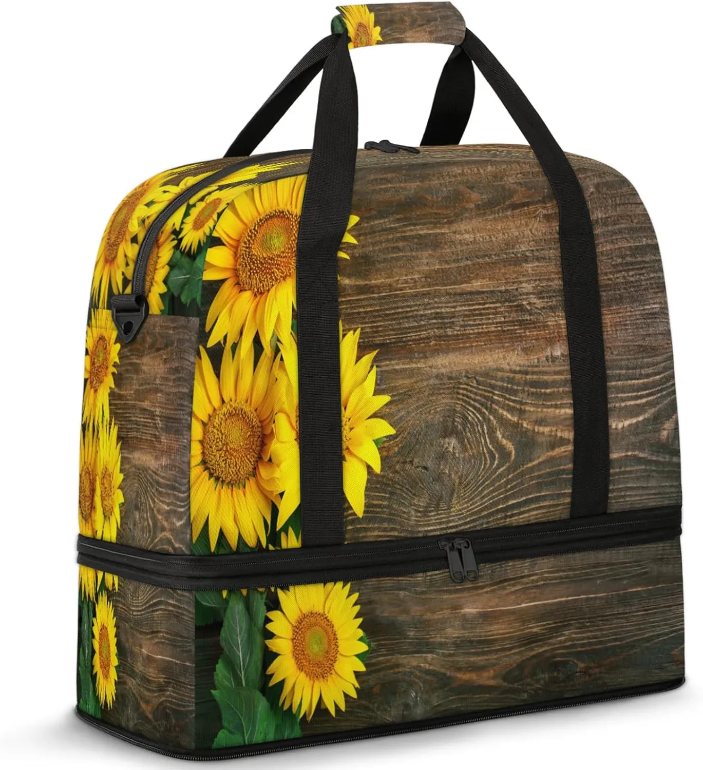 Wood Flower Sunflower Travel Duffel Bags for Women & Men Large Sports Gym Bags Foldie Weekender Overnight Bag Carry On Tote Bag With Shoe Compartment Personal Item Bag for Travel Sports Gym