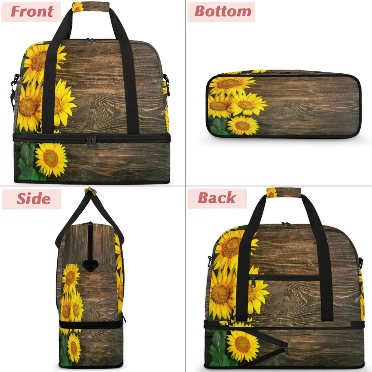 Wood Flower Sunflower Travel Duffel Bags for Women & Men Large Sports Gym Bags Foldie Weekender Overnight Bag Carry On Tote Bag With Shoe Compartment Personal Item Bag for Travel Sports Gym