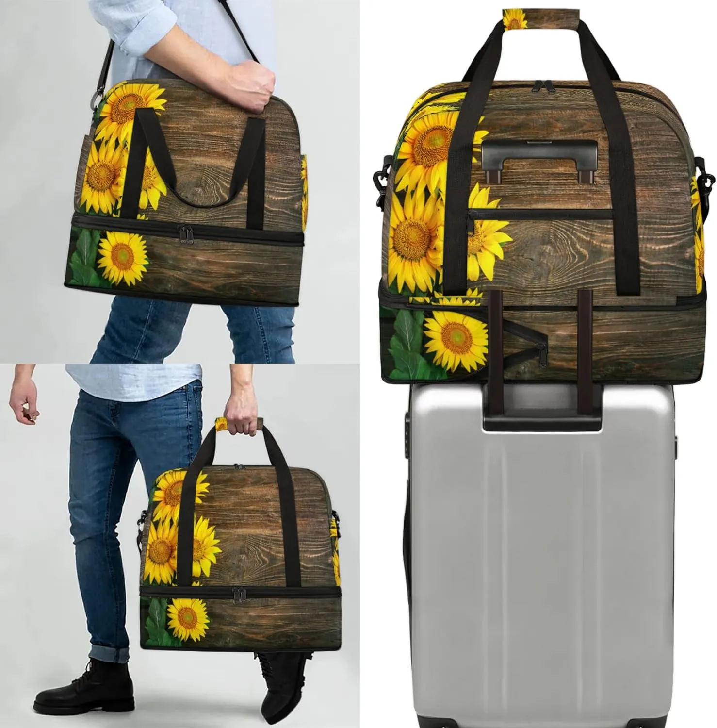 Wood Flower Sunflower Travel Duffel Bags for Women & Men Large Sports Gym Bags Foldie Weekender Overnight Bag Carry On Tote Bag With Shoe Compartment Personal Item Bag for Travel Sports Gym