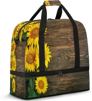 Wood Flower Sunflower Travel Duffel Bags for Women & Men Large Sports Gym Bags Foldie Weekender Overnight Bag Carry On Tote Bag With Shoe Compartment Personal Item Bag for Travel Sports Gym